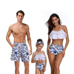 Maillot de bain famille assorti blanc et bleu