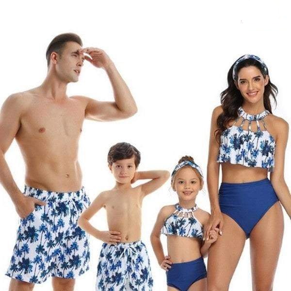 Maillot de bain famille assorti bleu et blanc