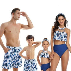 Maillot de bain famille assorti bleu et blanc