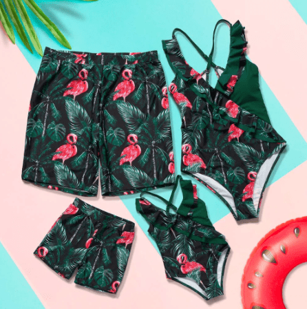 Maillot de bain famille assorti flamant rose et vert