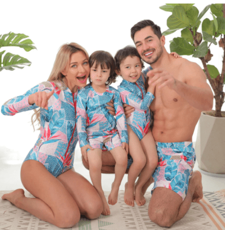 Maillot de bain famille imprimé feuille bleu