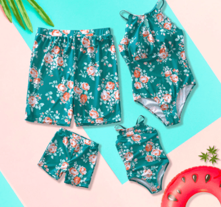 Maillot de bain famille imprimé floral vert et rouge