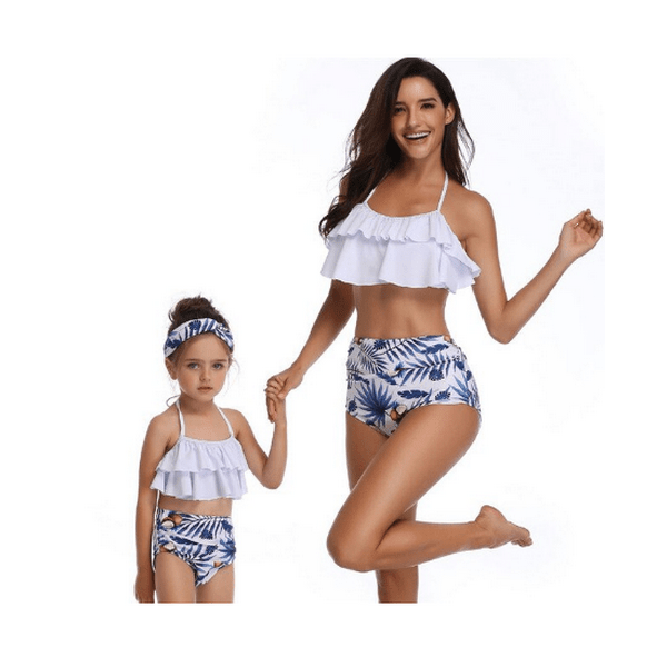 Maillot de bain mère fille assorti blanc et bleu
