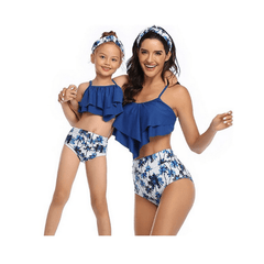 Maillot de bain mère fille assorti bleu et blanc