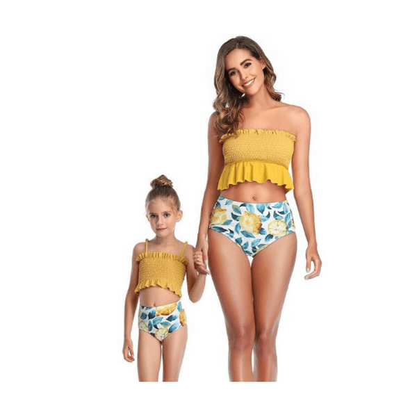 Maillot de bain mère fille assorti jaune et blanc