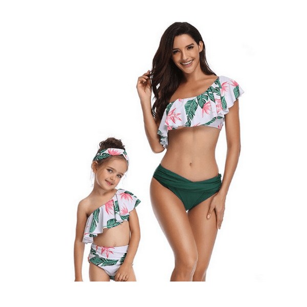 Maillot de bain mère fille blanc et vert