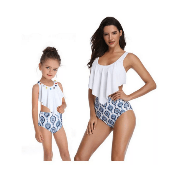 Maillot de bain mère fille blanc mosaïque
