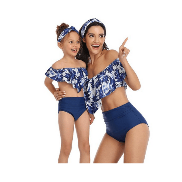 Maillot de bain mère fille bleu à fleurs blanches