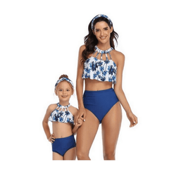 Maillot de bain mère fille bleu et blanc