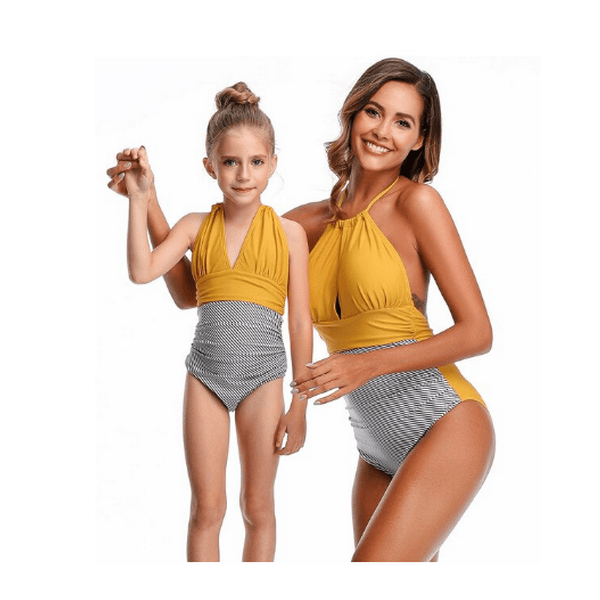 Maillot de bain mère fille jaune et gris