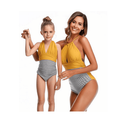 Maillot de bain mère fille jaune et gris