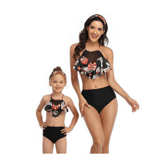 Maillot de bain mère fille noir à fleurs
