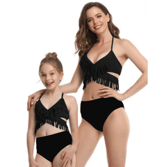 Maillot de bain mère fille noir à franges