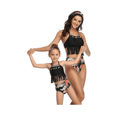 Maillot de bain mère fille noir à pompons