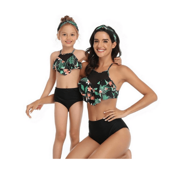 Maillot de bain mère fille noir avec des fleurs