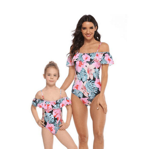 Maillot de bain mère fille rose à fleurs