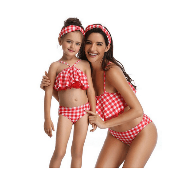 Maillot de bain mère fille rouge à carreaux