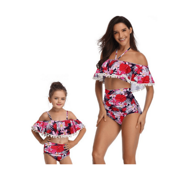 Maillot de bain mère fille rouge à fleurs