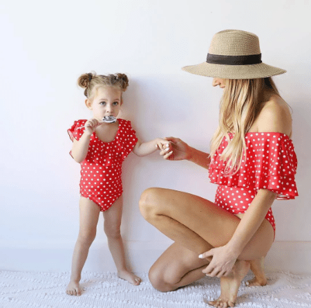 Maillot de bain mère fille rouge à pois