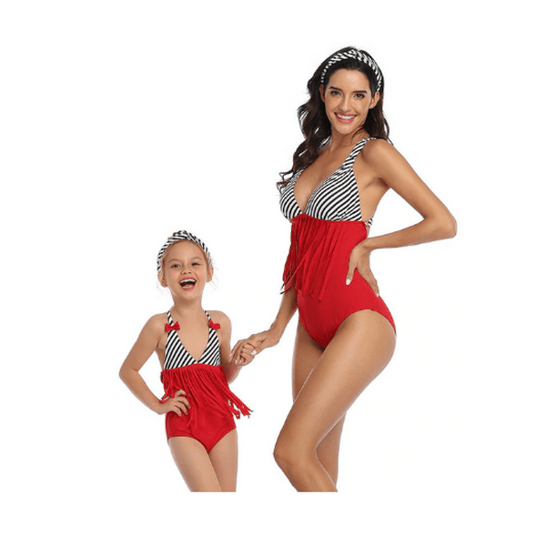 Maillot de bain mère fille rouge et gris rayé