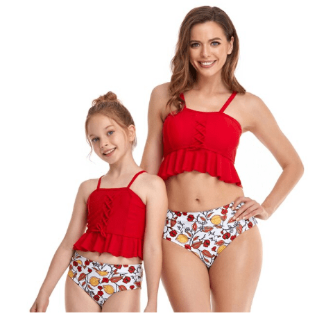 Maillot de bain mère fille rouge et blanc