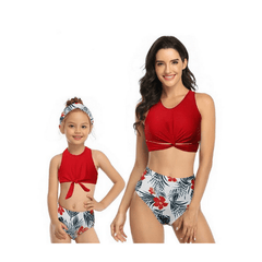 Maillot de bain mère fille rouge et blanc à fleurs