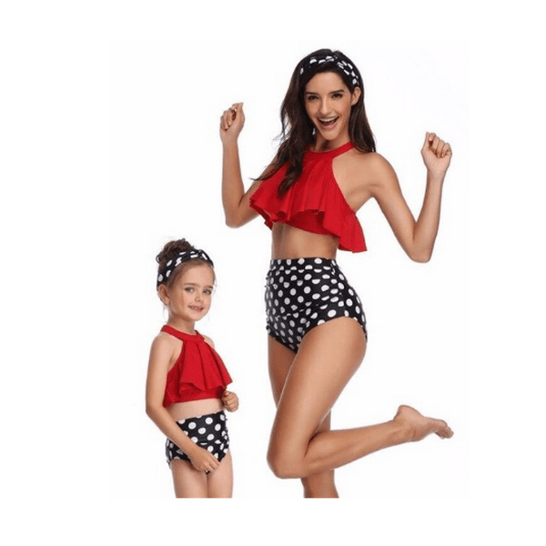 Maillot de bain mère fille rouge et noir à pois