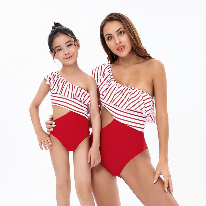 Maillot de bain mère fille rouge et rayé
