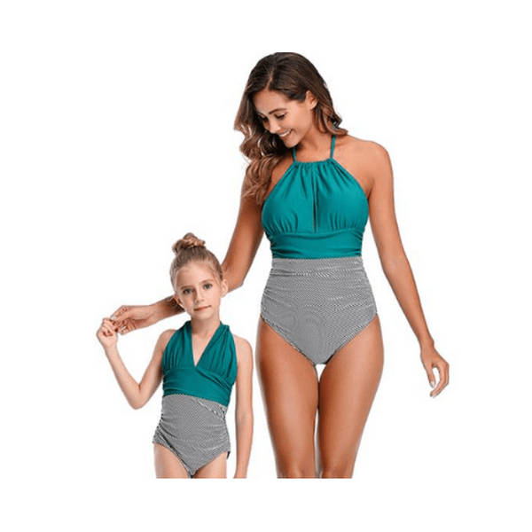 Maillot de bain mère fille vert et gris