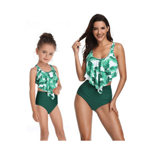 Maillot de bain mère fille vert tropical