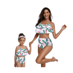 Maillot de bain mère fille blanc avec des plantes