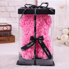 Ourson en roses rose foncé boite