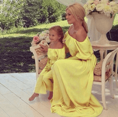 Robe mère fille longue pour la plage jaune