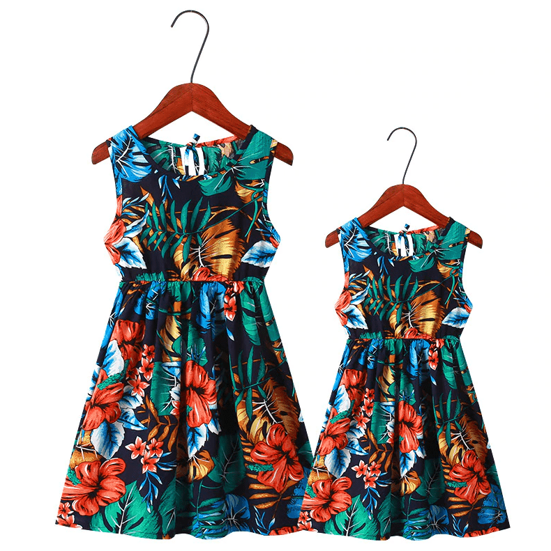 Robe mère fille verte tropicale