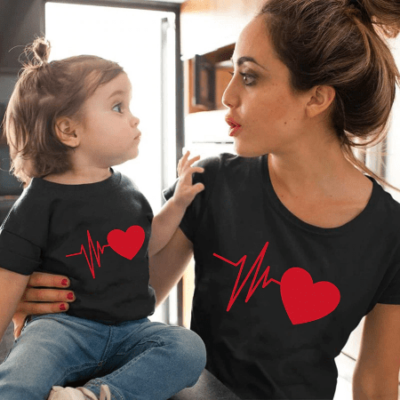 Tee shirt mère fille rythme cardiaque noir