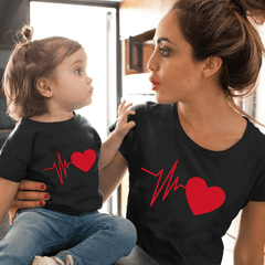 Tee shirt mère fille rythme cardiaque noir