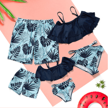 Maillot de bain famille imprimé feuille bleu