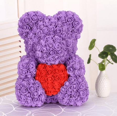 Ourson en roses violet et rouge