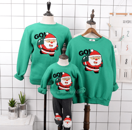 Pull noël famille en fourrure vert