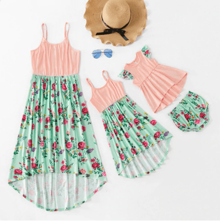 Robe mère fille rose et verte