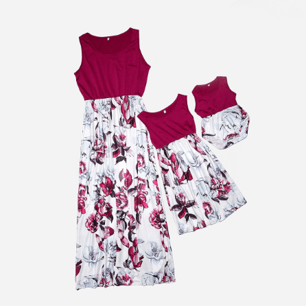 Robe mère fille rouge bordeaux et blanc