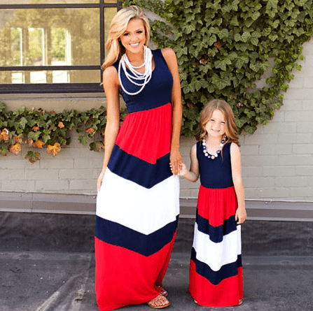 Robe mère fille assortie rouge et bleu