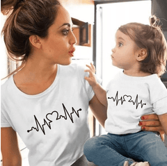 Tee shirt mère fille battements du cœur blanc